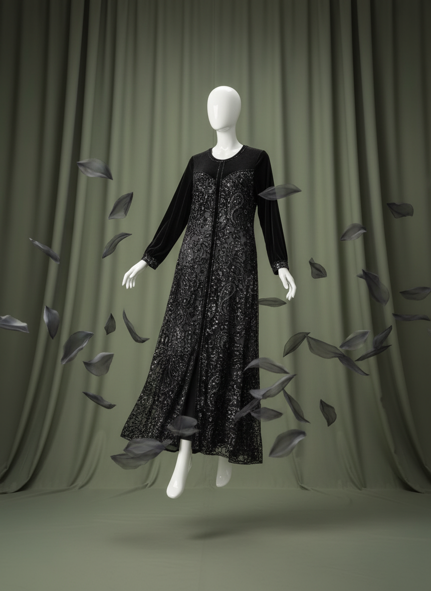 “Luxury black velvet dress for women – elegant soft fabric, long sleeve design.”