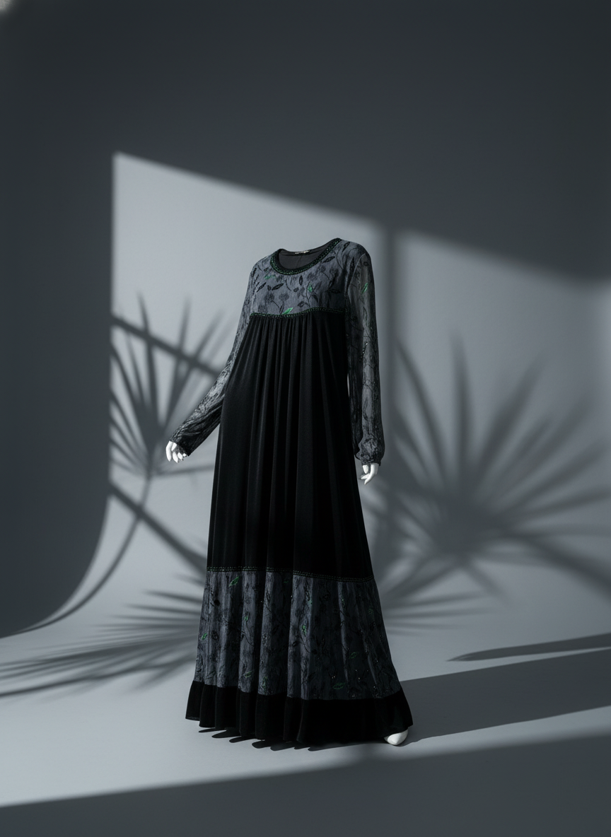 “Luxury black velvet dress for women – elegant soft fabric, long sleeve design.”