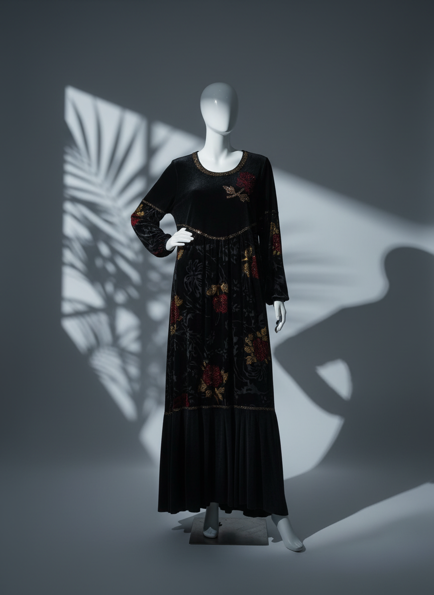 “Luxury red velvet dress for women – elegant soft fabric, long sleeve design.”