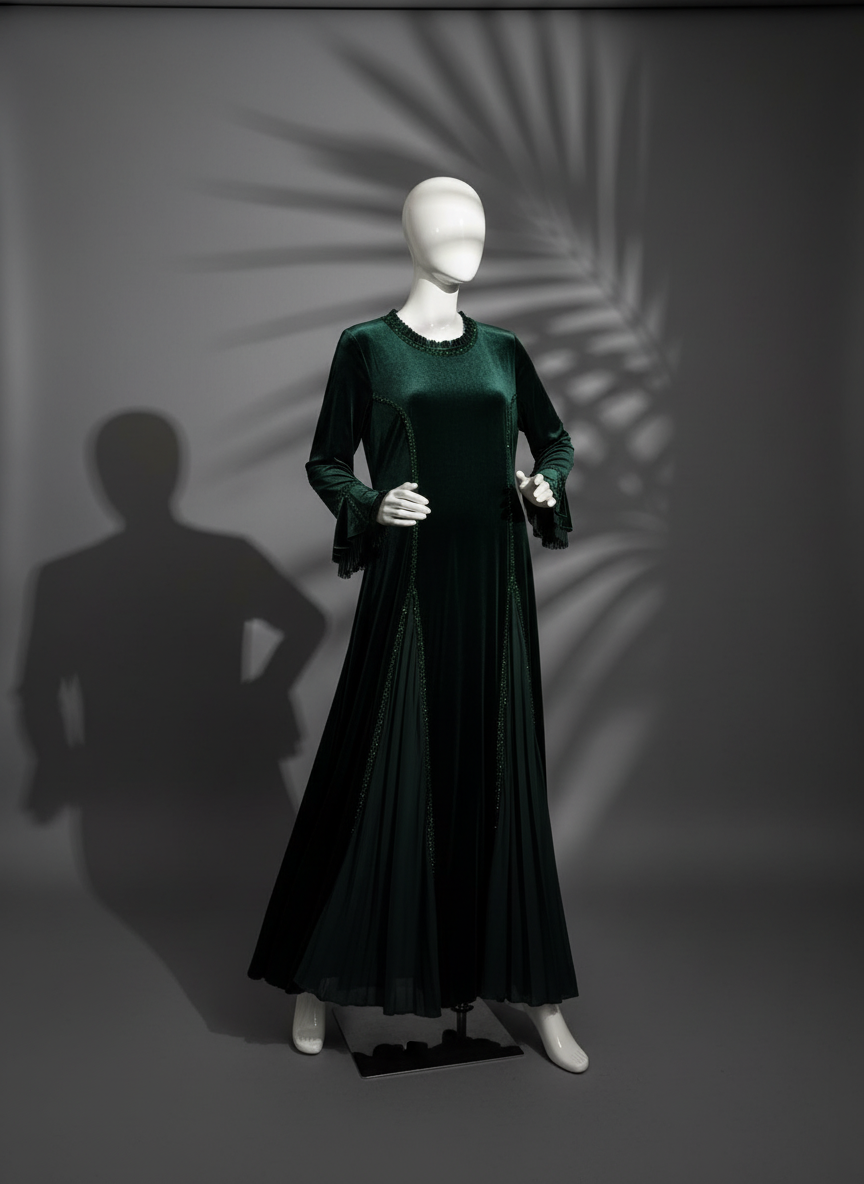 “Luxury green velvet dress for women – elegant soft fabric, long sleeve design.”