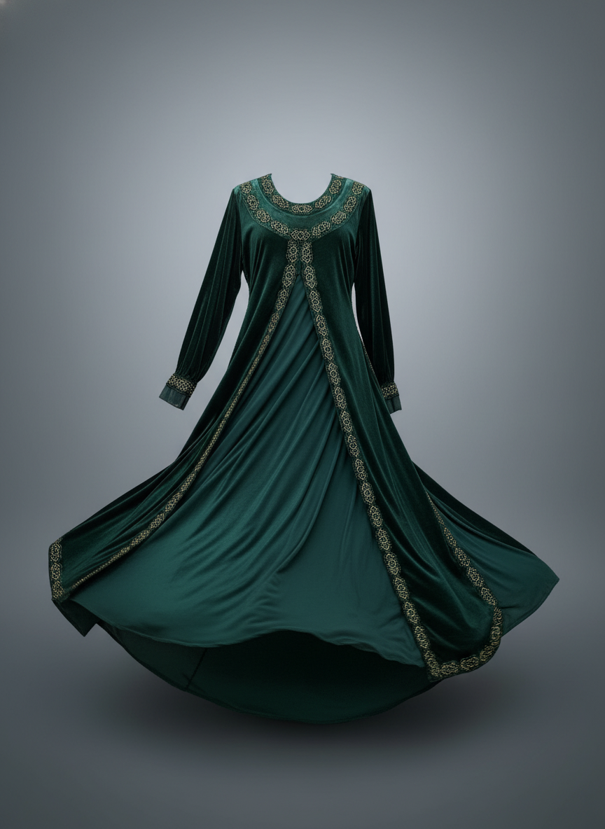“Luxury green velvet dress for women – elegant soft fabric, long sleeve design.”