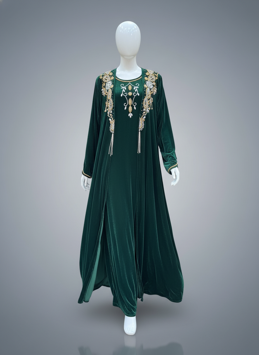 Luxury Gulf 2-Piece Velvet Abaya with Hand Beading