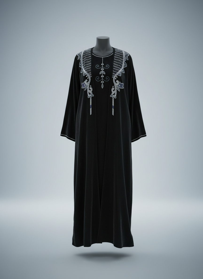 Luxury Gulf 2-Piece Velvet Abaya with Hand Beading