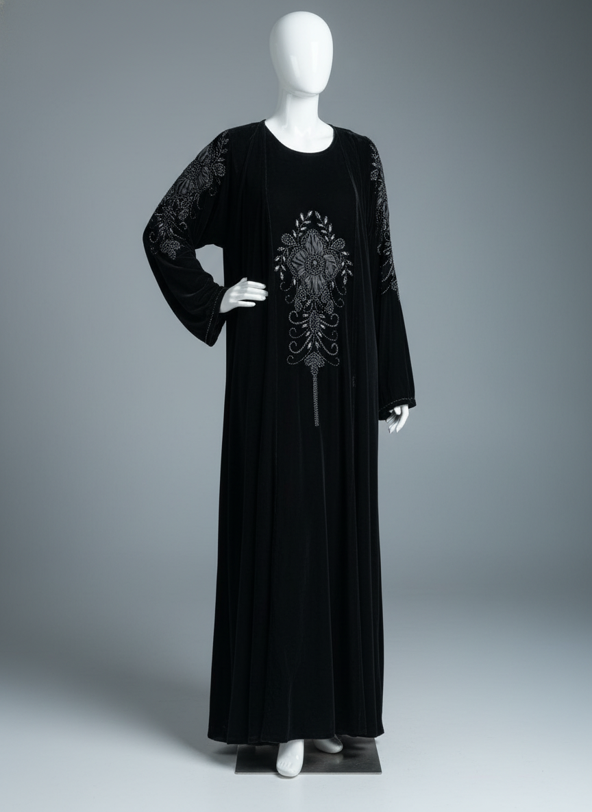 Luxury Gulf 2-Piece Velvet Abaya with Hand Beading