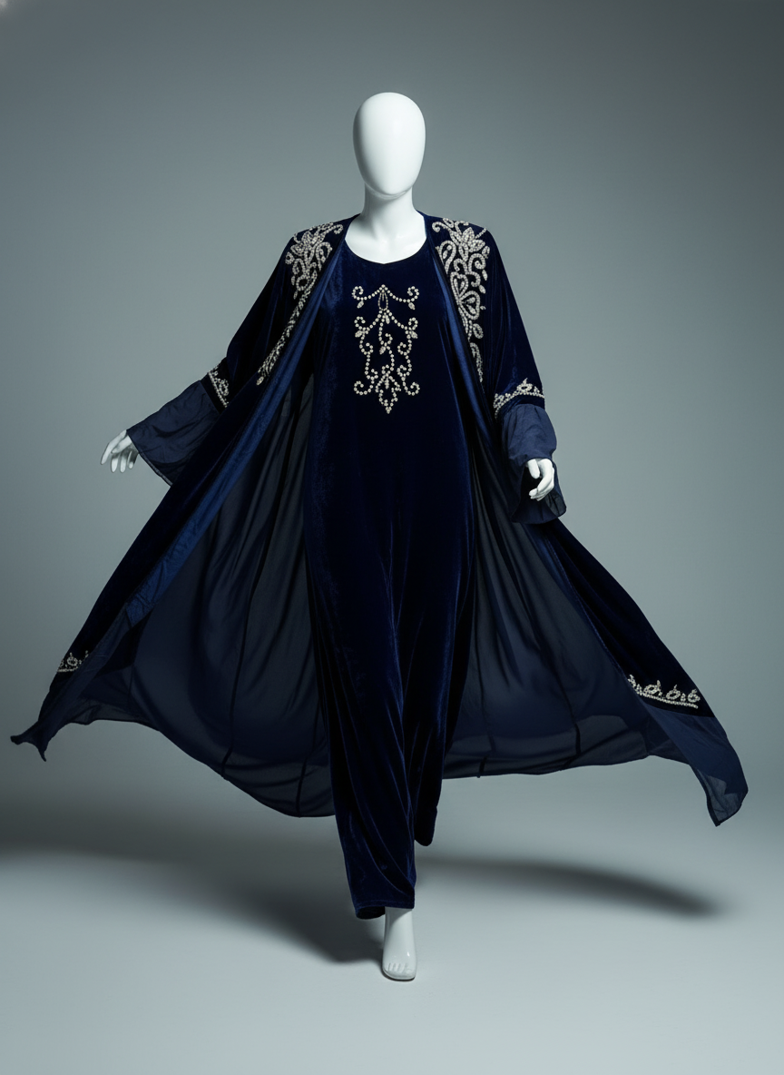 Luxury Gulf 2-Piece Velvet Abaya with Hand Beading