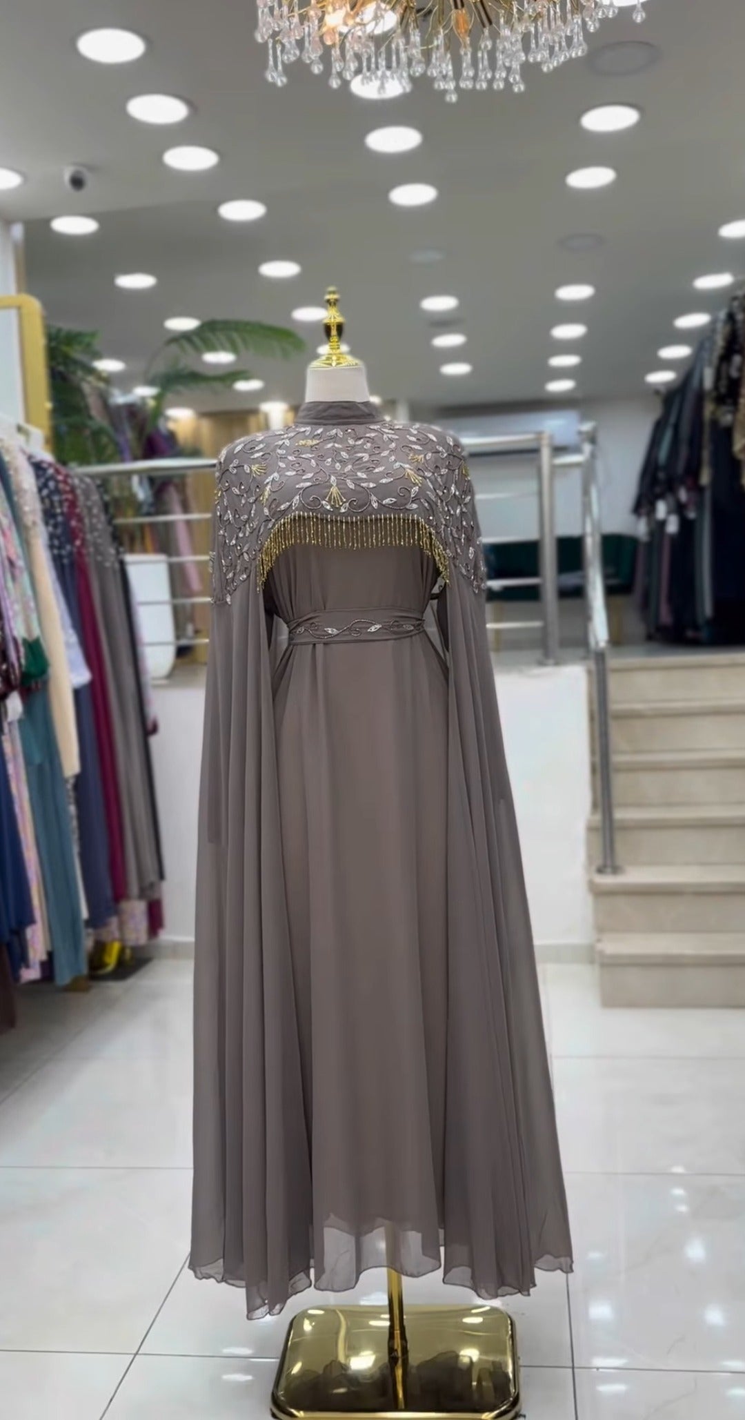 Lined georgette cape-sleeve abaya in Beige