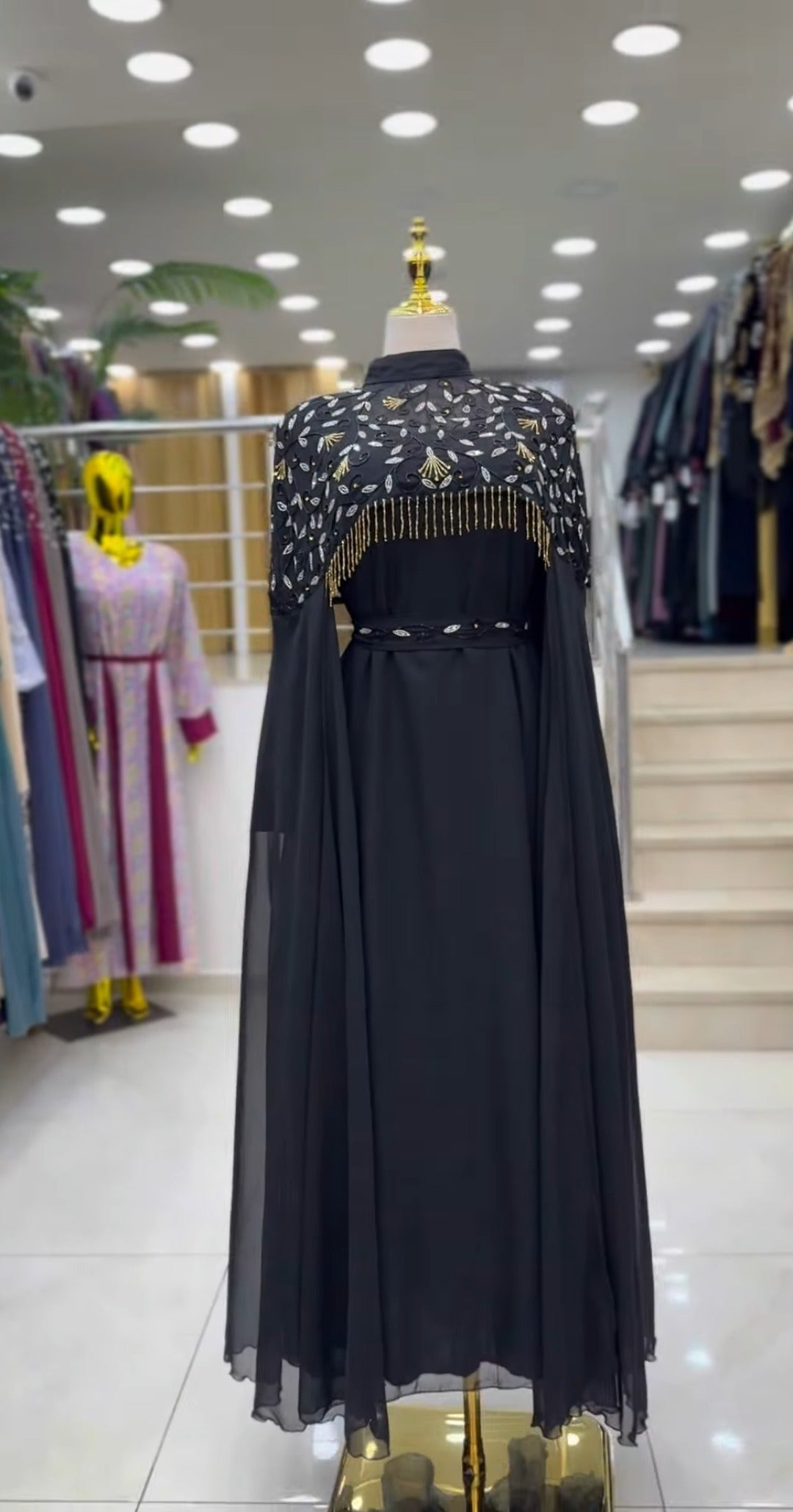 Lined georgette cape-sleeve abaya in Black