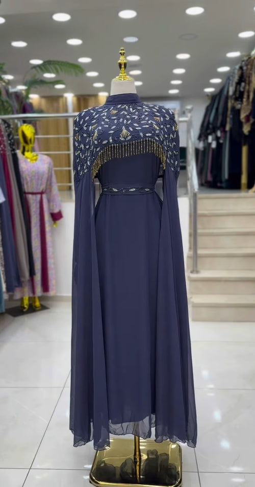Lined georgette cape-sleeve abaya in Navy