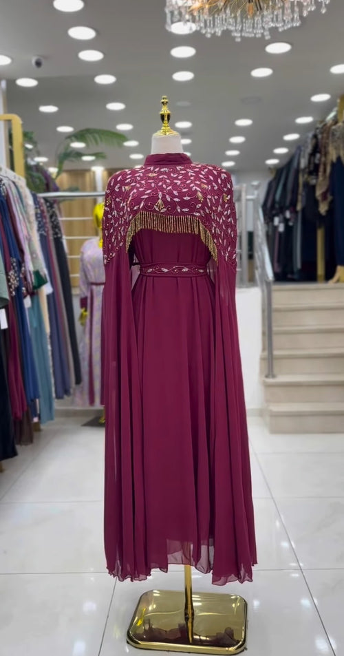 Lined georgette cape-sleeve abaya in Wine