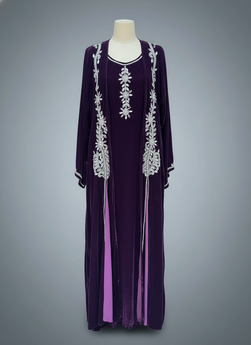 Luxury Gulf 2-Piece Velvet Abaya with Hand Beading